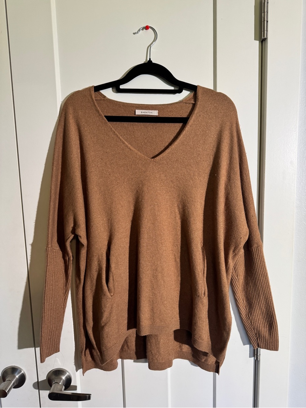 BABATON Baylor V-Neck Wool Blend Oversized Pocket Sweater - Brown